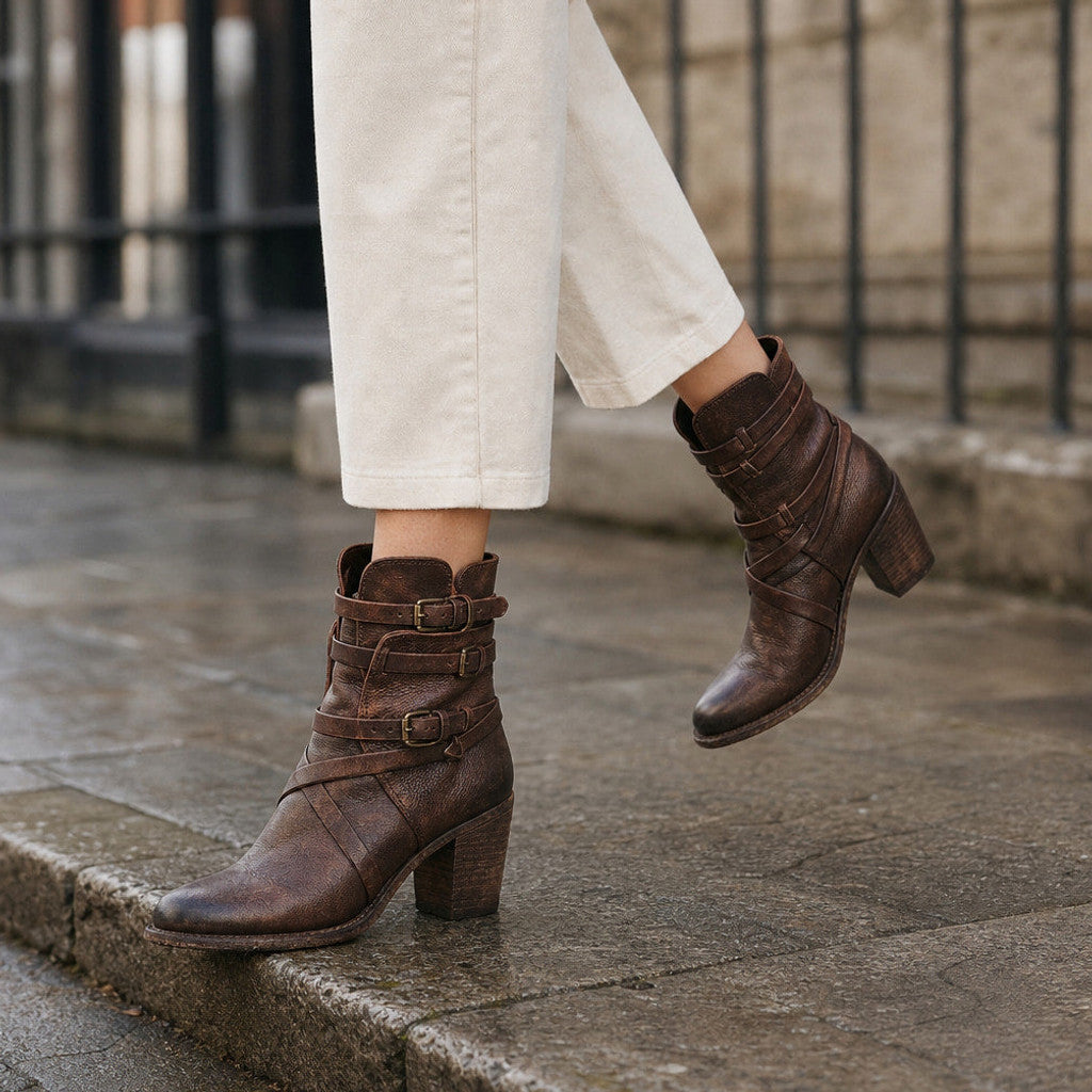 Jessamine | Distressed Leather Chelsea Boots Buckle Strap Dark Brown – Styled Editorial Shot