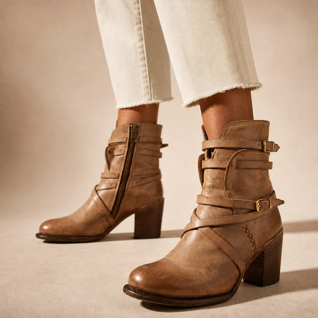 Jessamine | Distressed Leather Chelsea Boots Buckle Strap in Light Brown – Premium Editorial