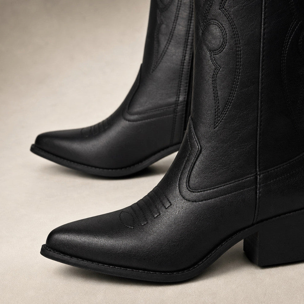 Joanna | Knee High Boots Western Stitch Block Heel Black – Fabric and Detail Close-Up