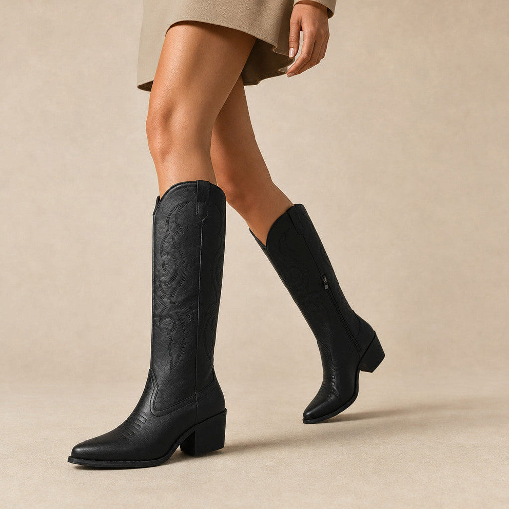 Joanna | Knee High Boots Western Stitch Block Heel Black – Product Photo