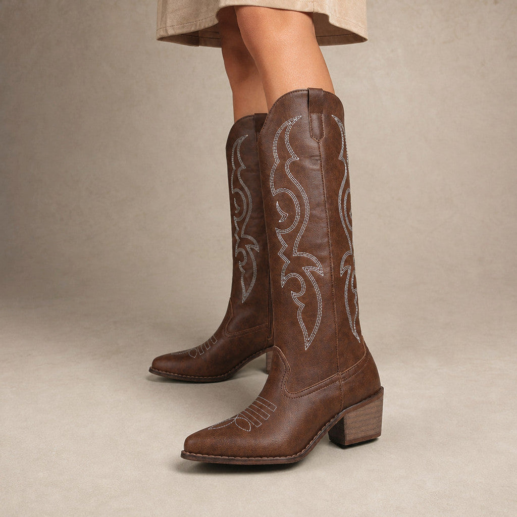 Joanna | Knee High Boots Western Stitch Block Heel Brown – Product Photo