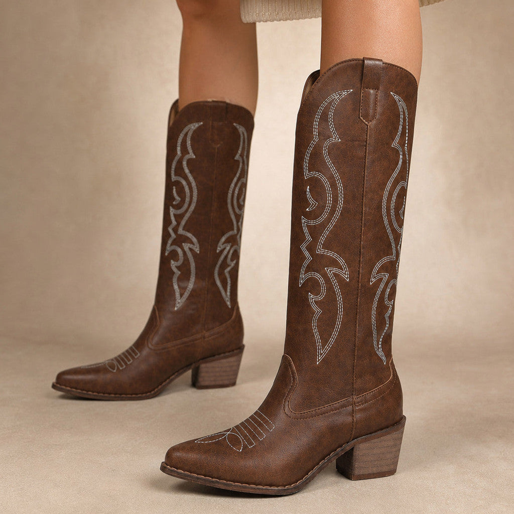 Joanna | Knee High Boots Western Stitch Block Heel in Brown – Premium Editorial
