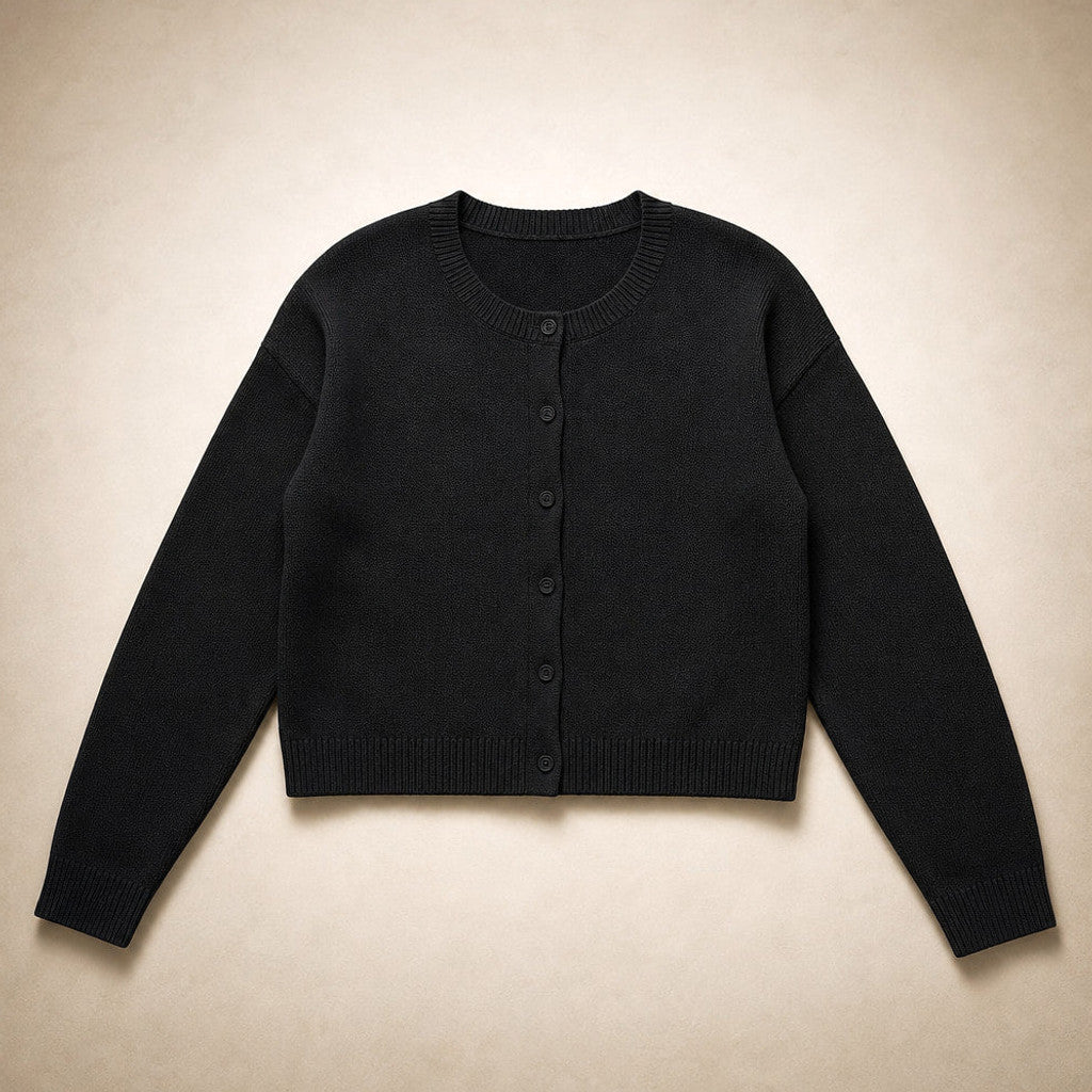 Judicaelle | Crew Neck Cardigan Button Front Black – Product Photo