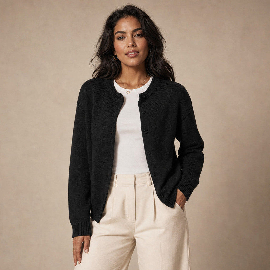 Judicaelle | Crew Neck Cardigan Button Front in Black – Premium Editorial