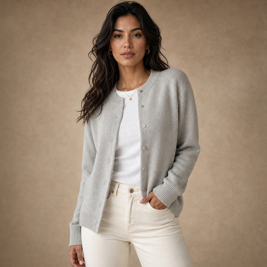 Judicaelle | Crew Neck Cardigan Button Front in Grey – Premium Editorial