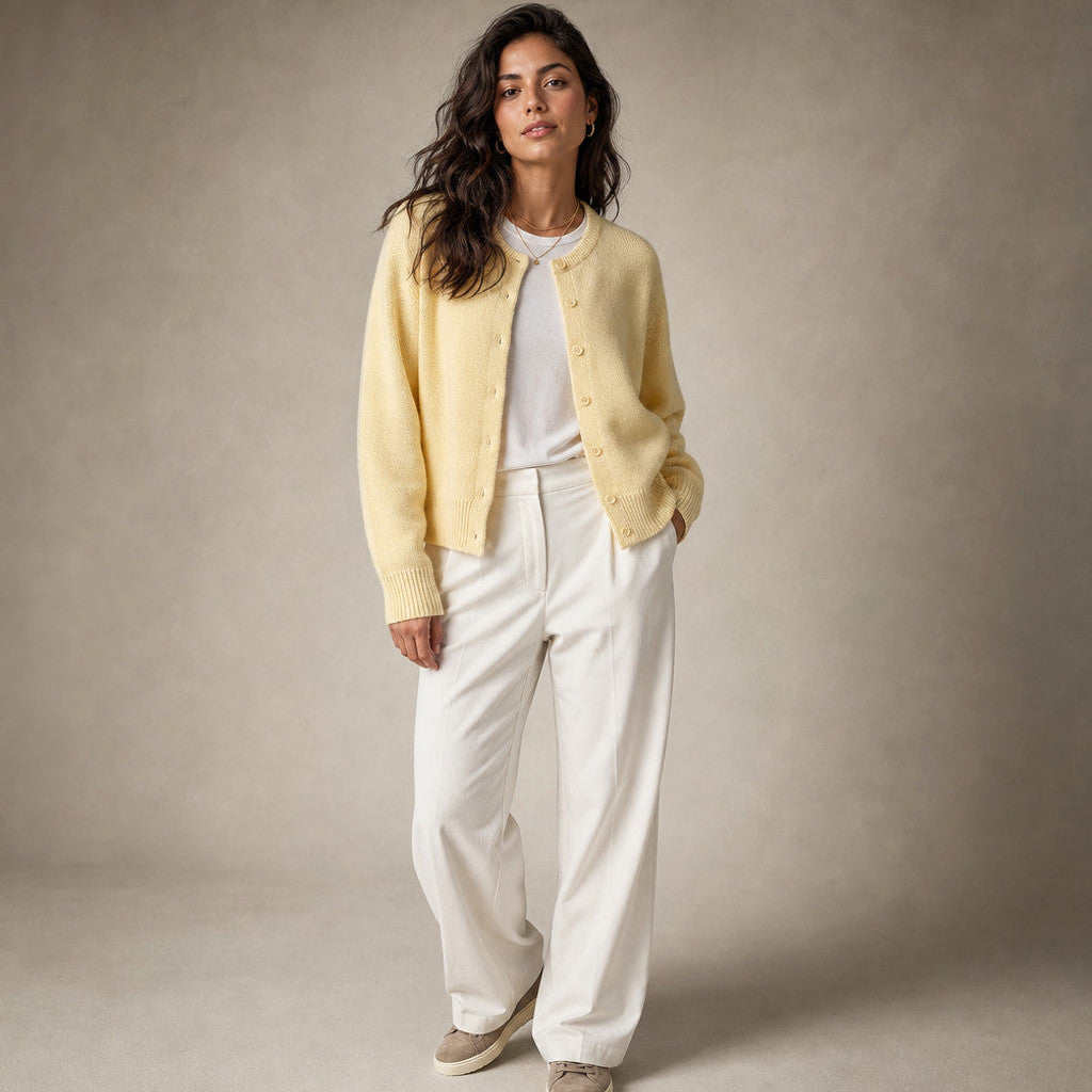 Judicaelle | Crew Neck Cardigan Button Front Yellow – Side Angle View