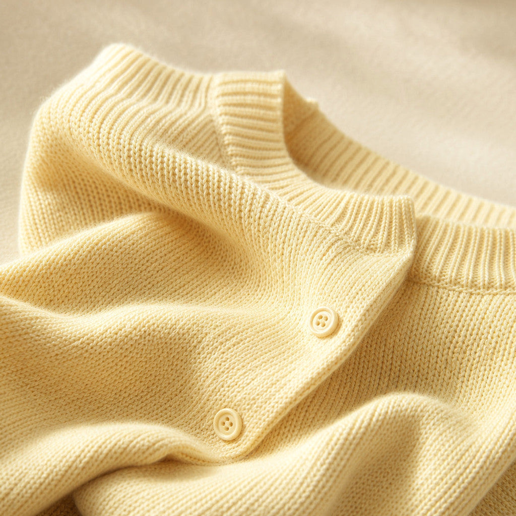 Judicaelle | Crew Neck Cardigan Button Front Yellow – Fabric and Detail Close-Up