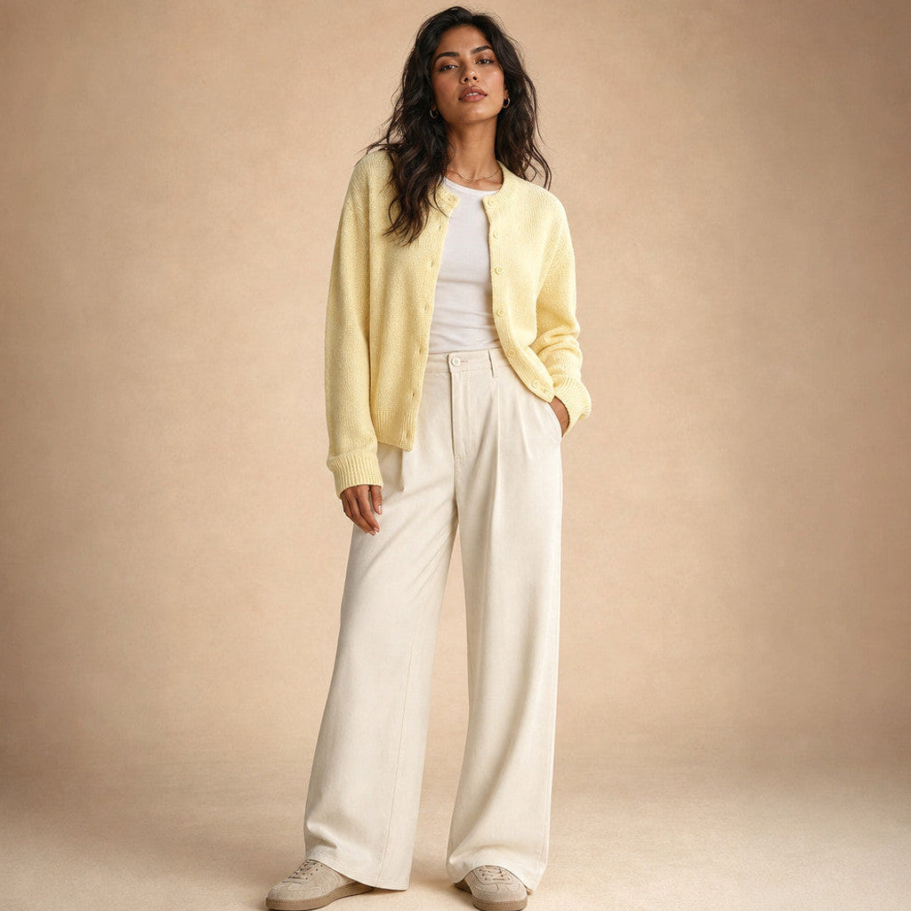 Judicaelle | Crew Neck Cardigan Button Front Yellow – Full Look