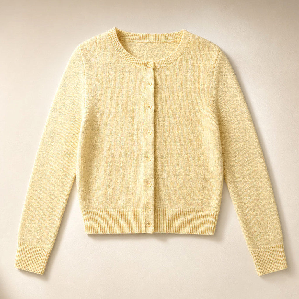 Judicaelle | Crew Neck Cardigan Button Front Yellow – Product Photo