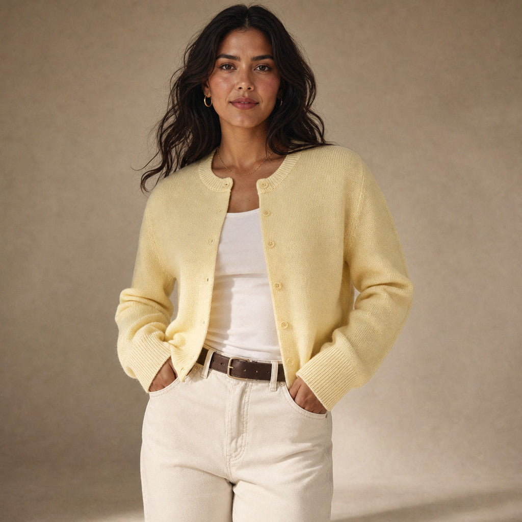 Judicaelle | Crew Neck Cardigan Button Front in Yellow – Premium Editorial
