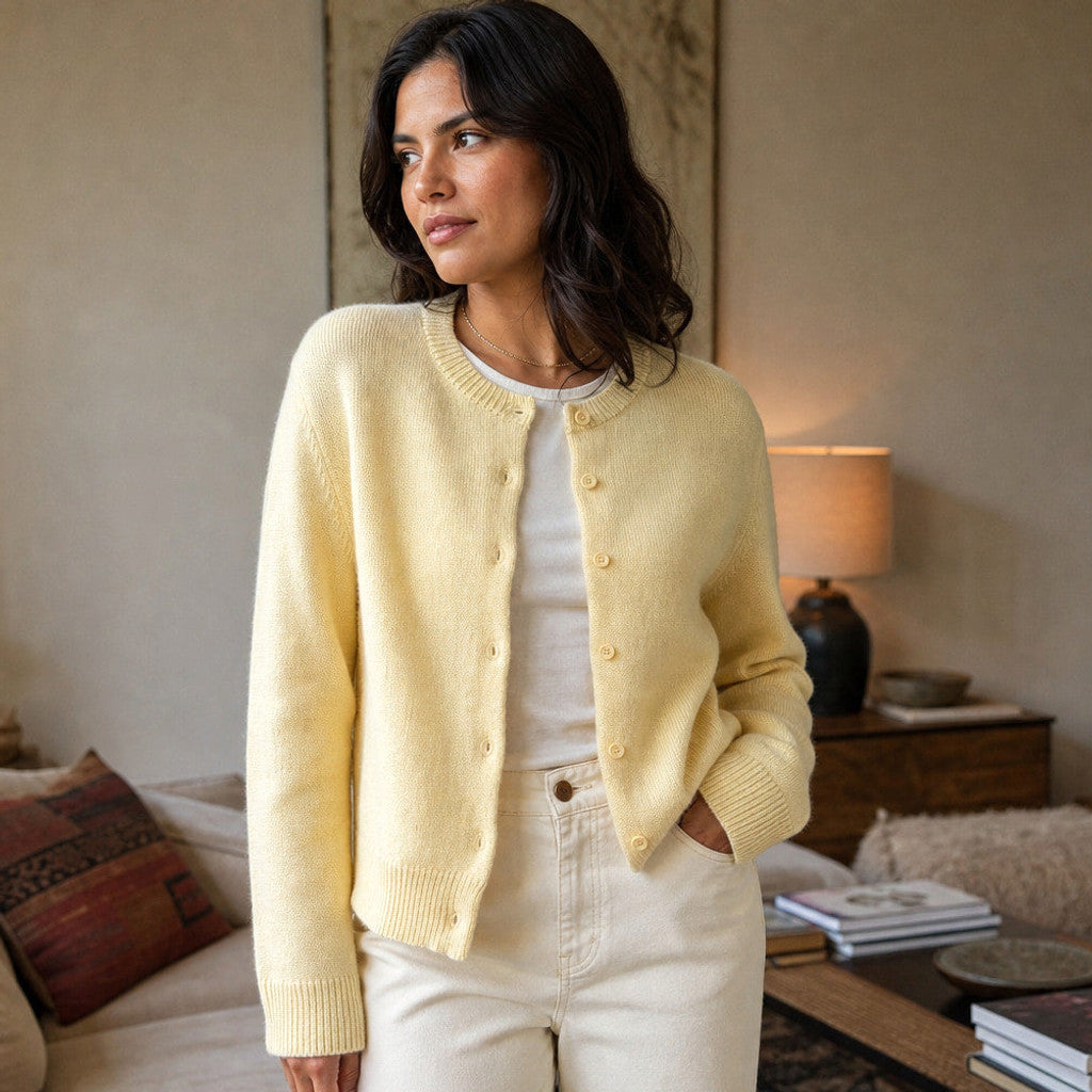 Judicaelle | Crew Neck Cardigan Button Front Yellow – Styled Editorial Shot