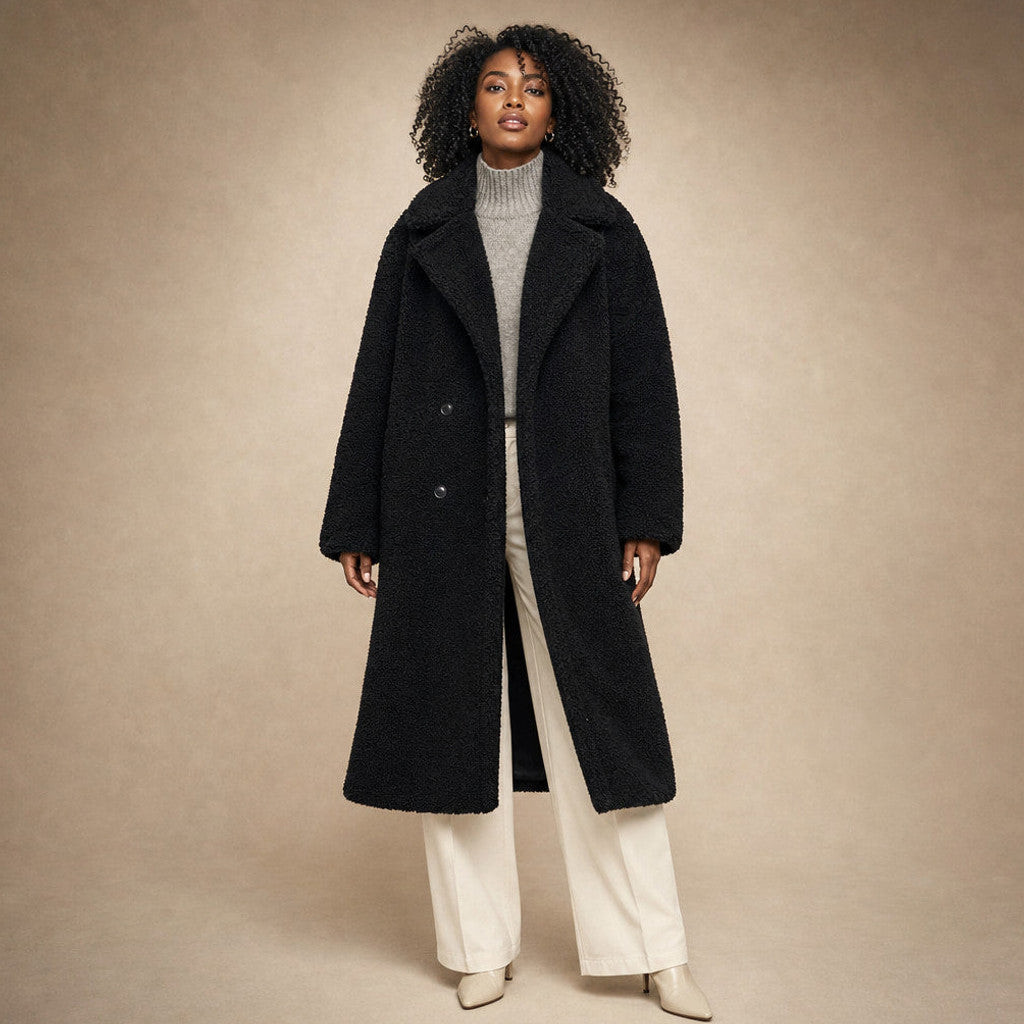 Lucelia | Teddy Coat Longline Wrap in Black – Premium Editorial