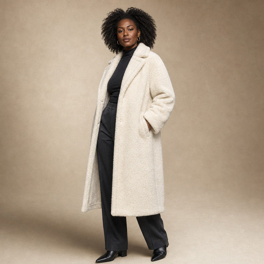 Lucelia | Teddy Coat Longline Wrap Off-white – Side Angle View
