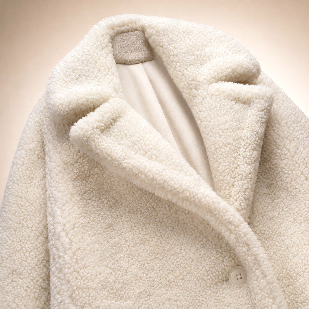 Lucelia | Teddy Coat Longline Wrap Off-white – Fabric and Detail Close-Up