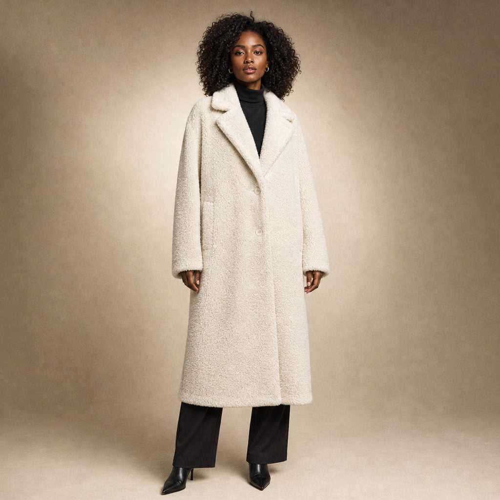 Lucelia | Teddy Coat Longline Wrap in Off-white – Premium Editorial