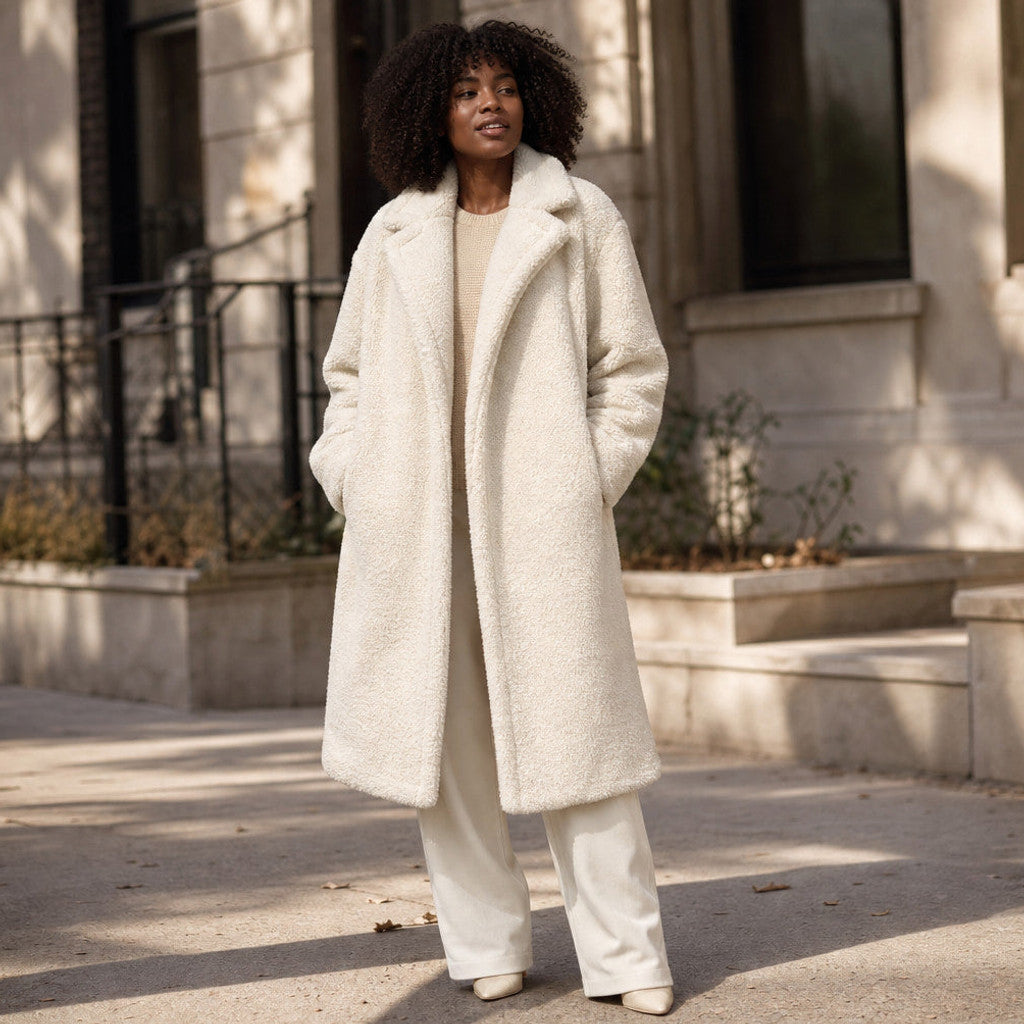 Lucelia | Teddy Coat Longline Wrap Off-white – Styled Editorial Shot