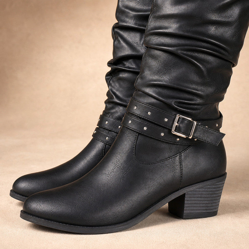 Lucretia | Slouchy Knee High Boots Studded Buckle Black – Fabric and Detail Close-Up