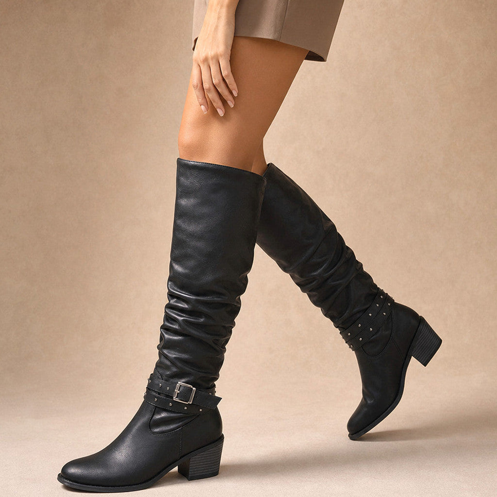 Lucretia | Slouchy Knee High Boots Studded Buckle Black – Product Photo