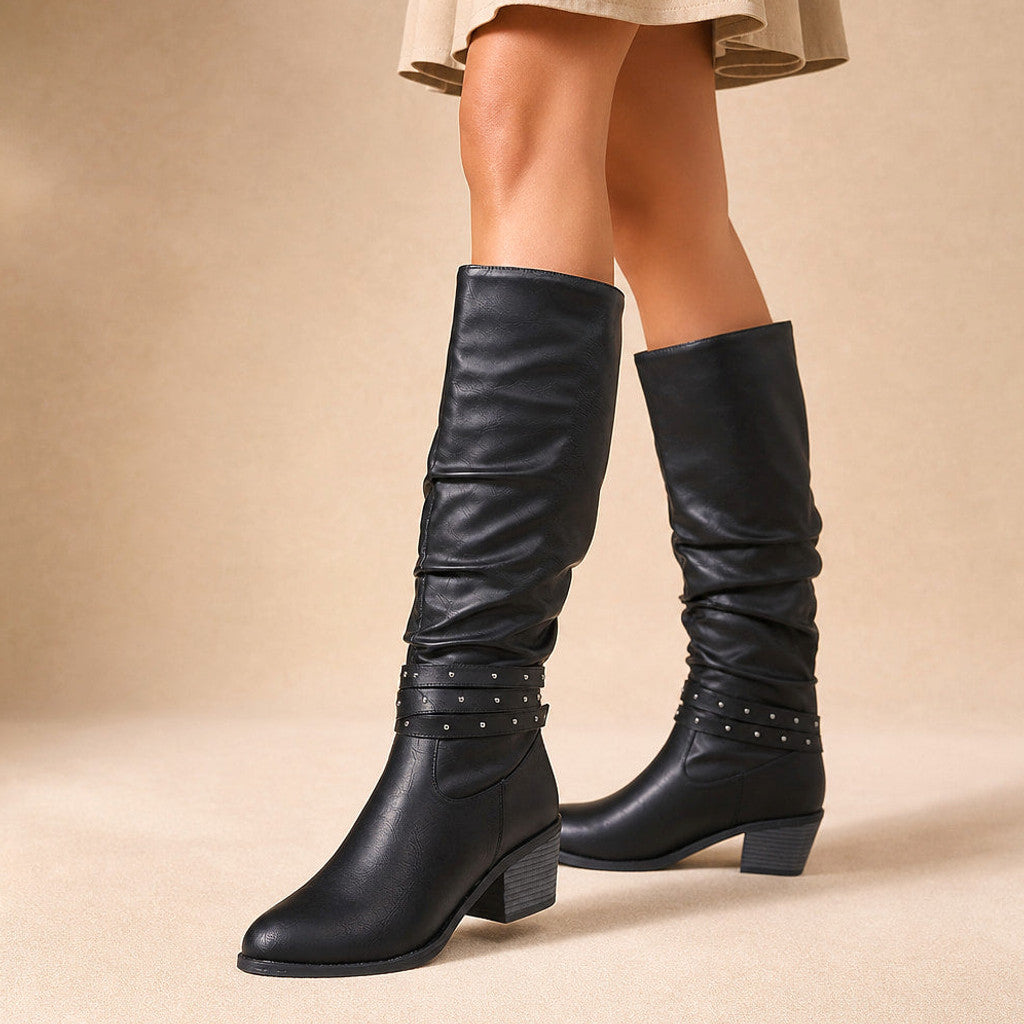 Lucretia | Slouchy Knee High Boots Studded Buckle in Black – Premium Editorial