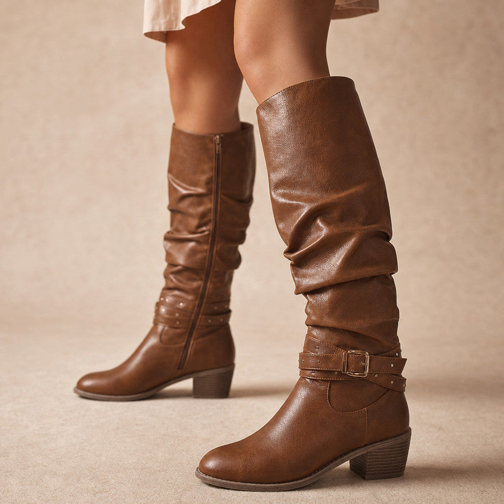 Lucretia | Slouchy Knee High Boots Studded Buckle Brown – Product Photo