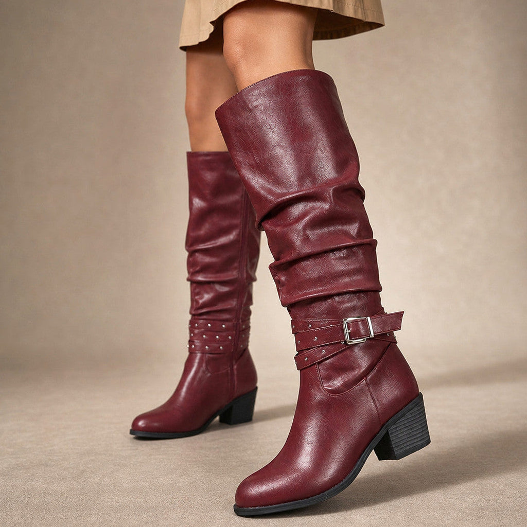 Lucretia | Slouchy Knee High Boots Studded Buckle Red – Product Photo