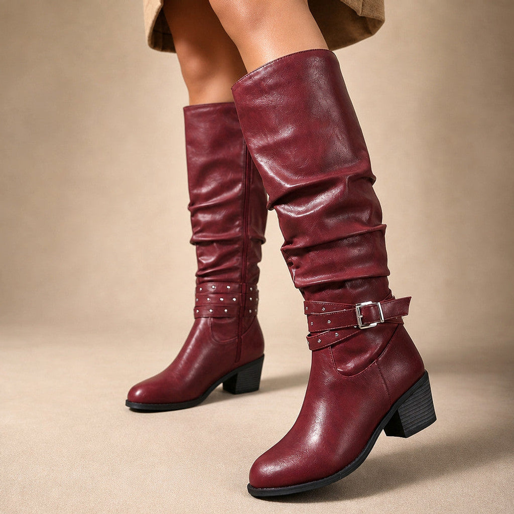Lucretia | Slouchy Knee High Boots Studded Buckle in Red – Premium Editorial