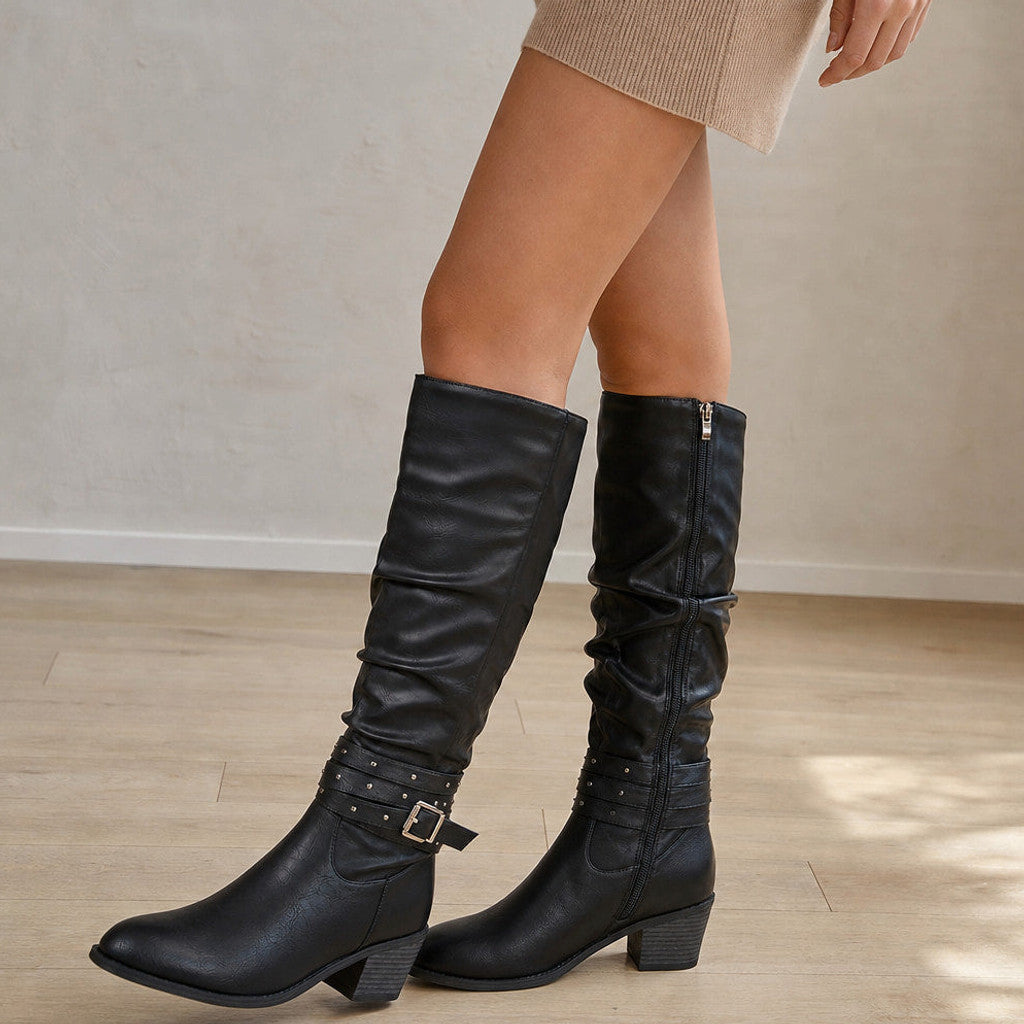 Lucretia | Slouchy Knee High Boots Studded Buckle – Styled Editorial Shot
