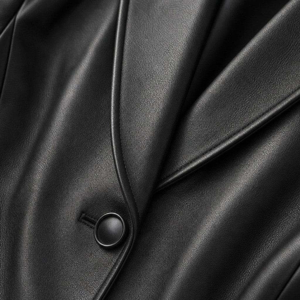 Lusine | Faux Leather Blazer Single-Breasted Black Black – Fabric and Detail Close-Up