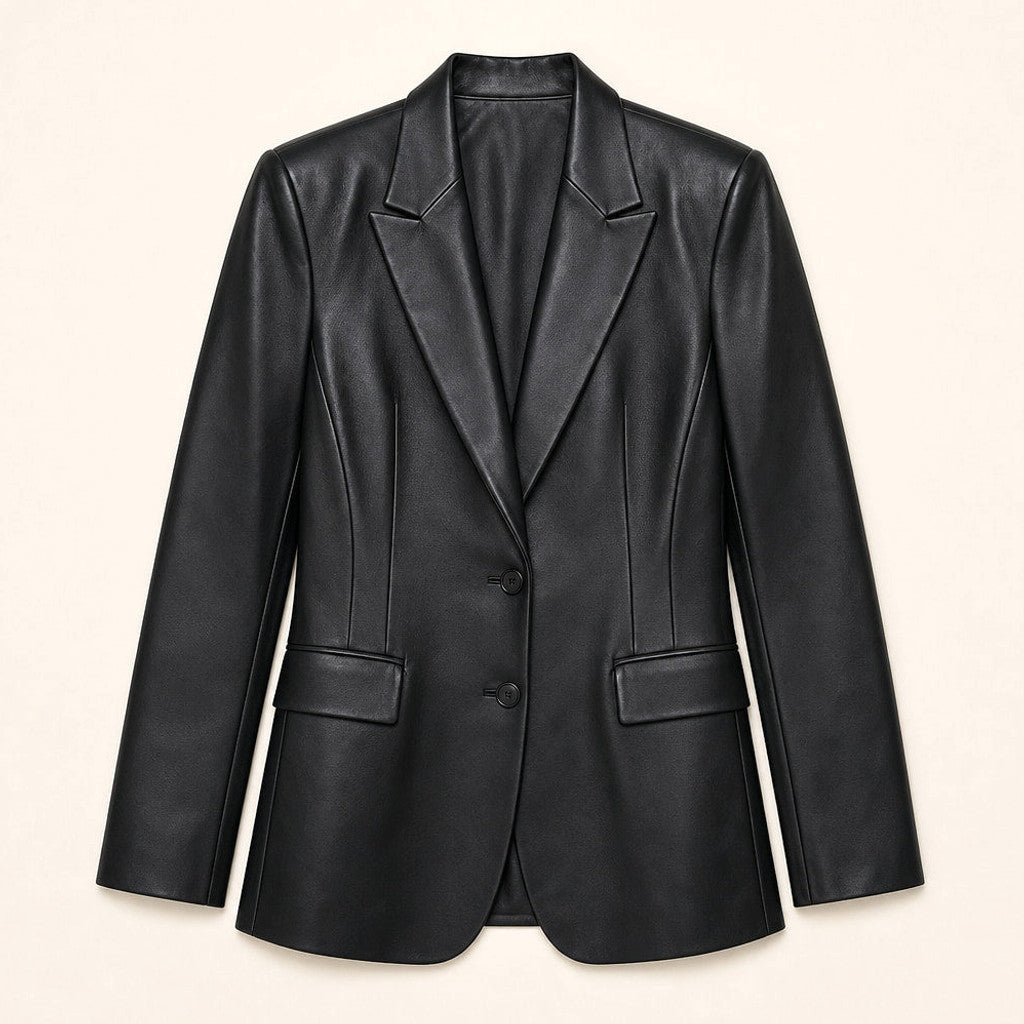 Lusine | Faux Leather Blazer Single-Breasted Black Black – Flat Lay Product Photo