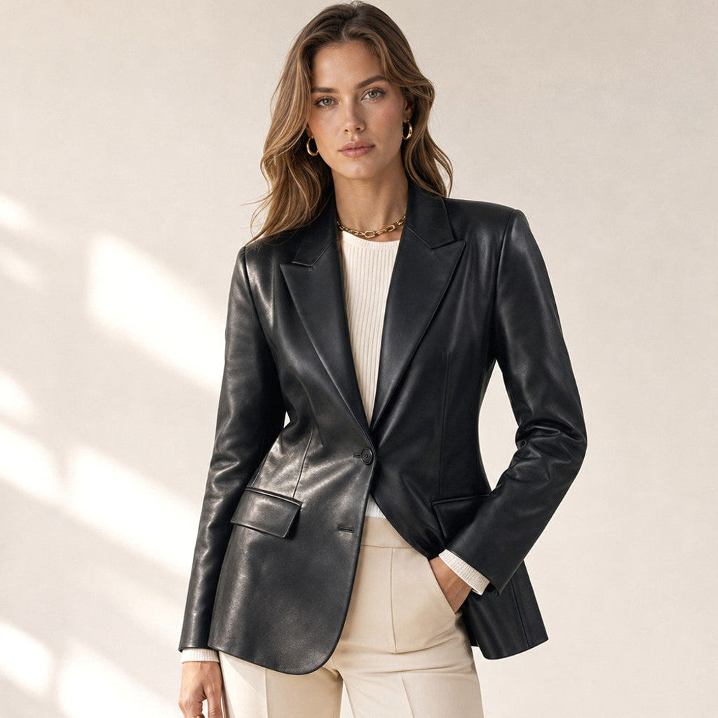 Lusine | Faux Leather Blazer Single-Breasted Black in Black – Premium Editorial