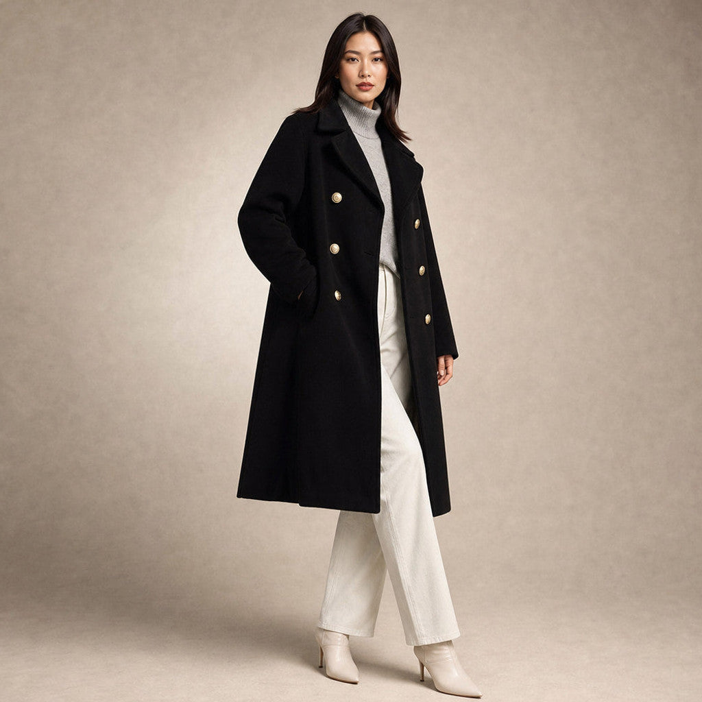 Madeleva | Double-Breasted Coat with Structured Shoulders Black – Side Angle View