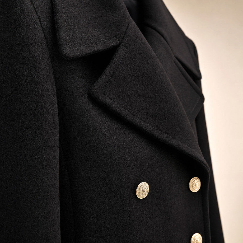 Madeleva | Double-Breasted Coat with Structured Shoulders Black – Fabric and Detail Close-Up