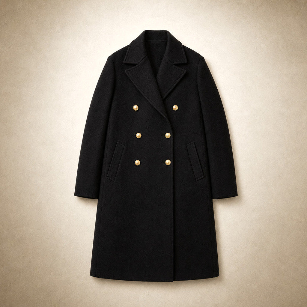 Madeleva | Double-Breasted Coat with Structured Shoulders Black – Flat Lay Product Photo