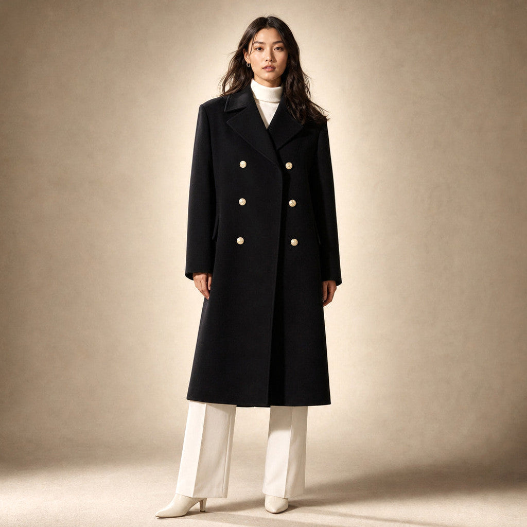 Madeleva | Double-Breasted Coat with Structured Shoulders in Black – Premium Editorial