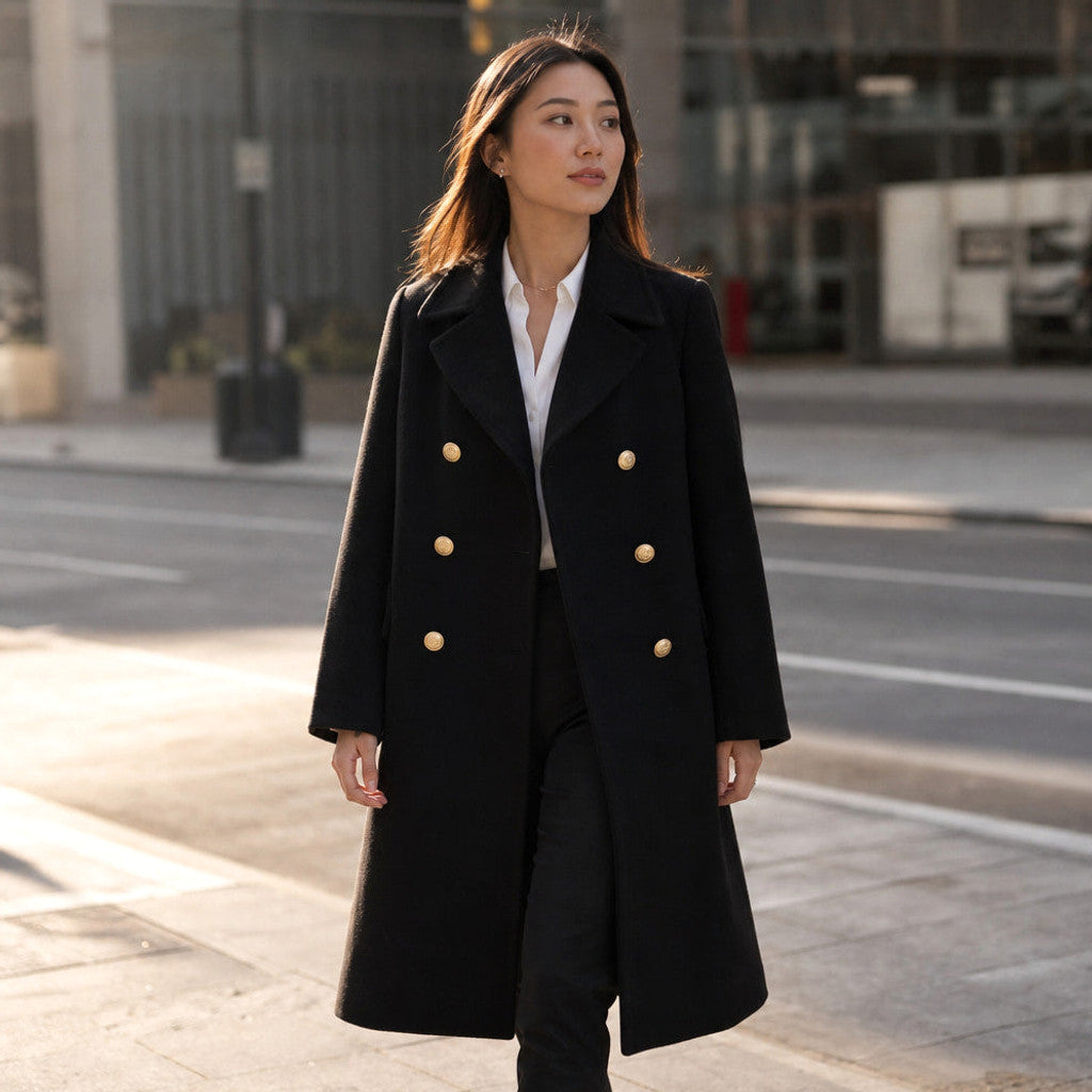 Madeleva | Double-Breasted Coat with Structured Shoulders Black – Styled Editorial Shot