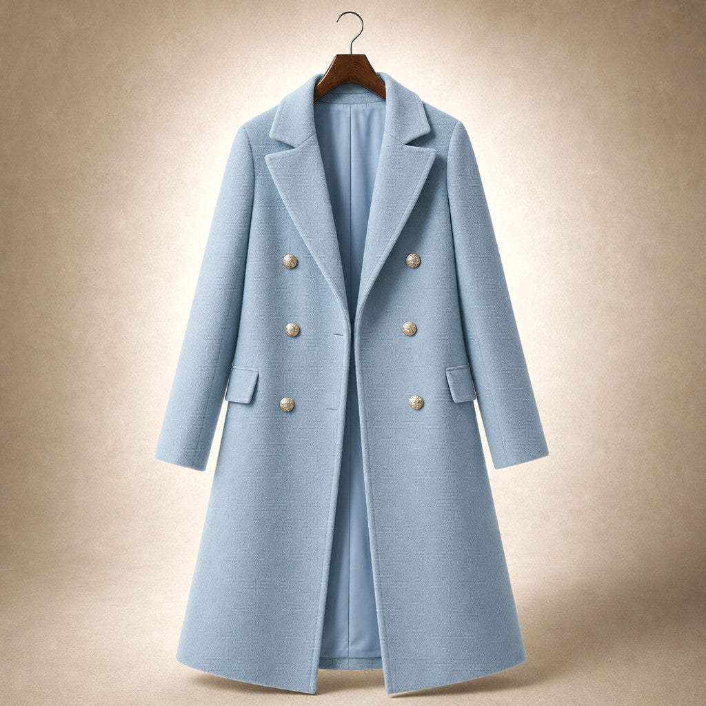 Madeleva | Double-Breasted Coat with Structured Shoulders Blue – Product Photo