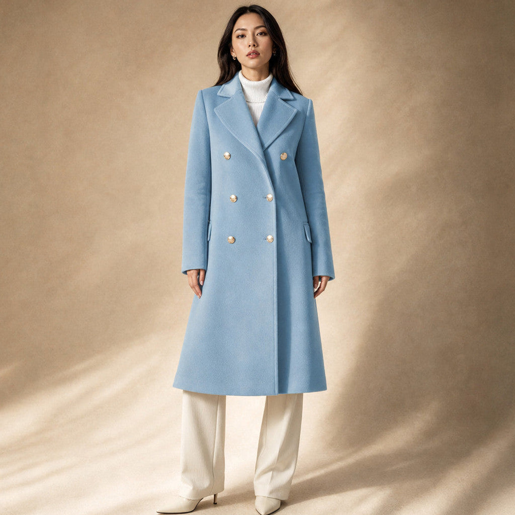 Madeleva | Double-Breasted Coat with Structured Shoulders in Blue – Premium Editorial