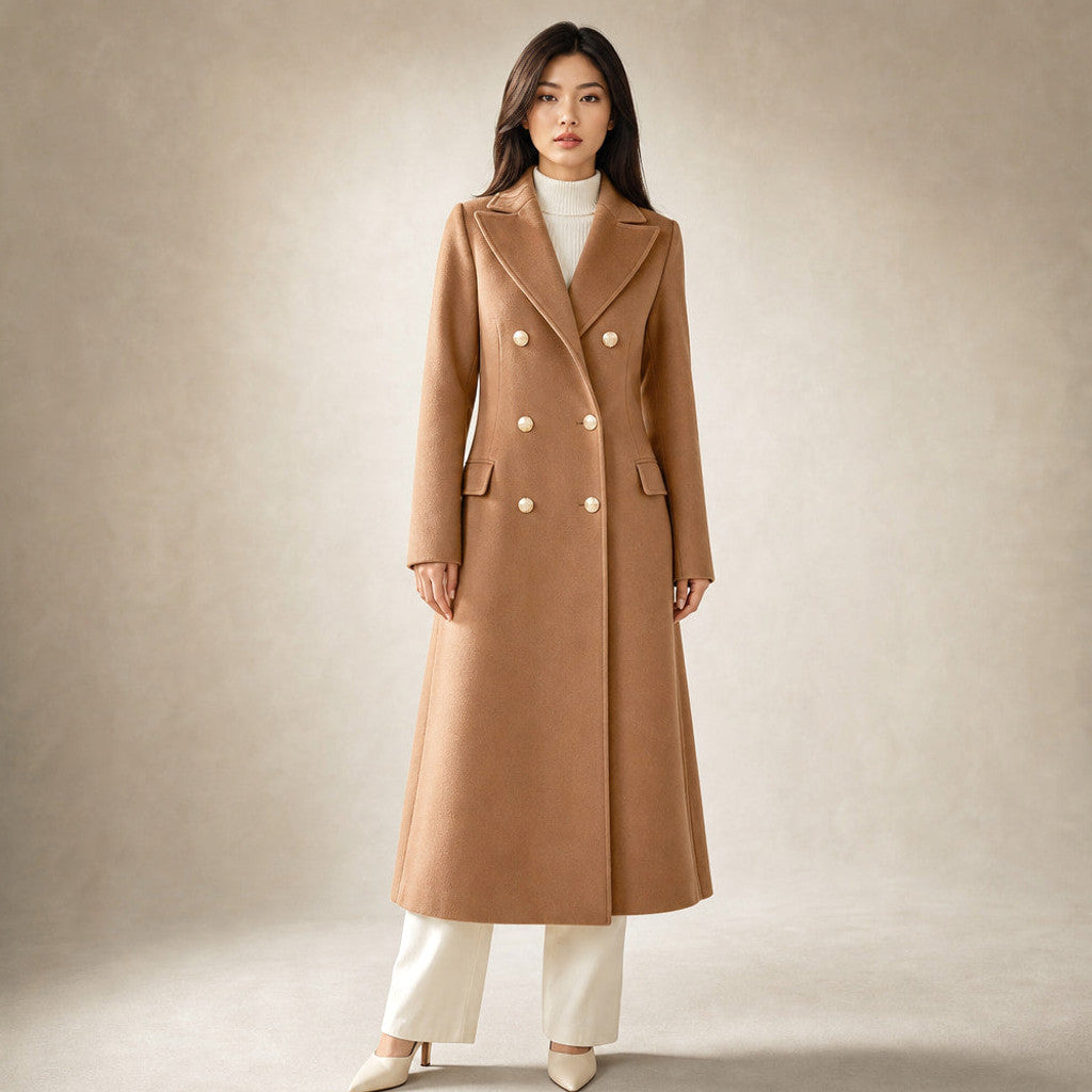 Madeleva | Double-Breasted Coat with Structured Shoulders in Brown – Premium Editorial