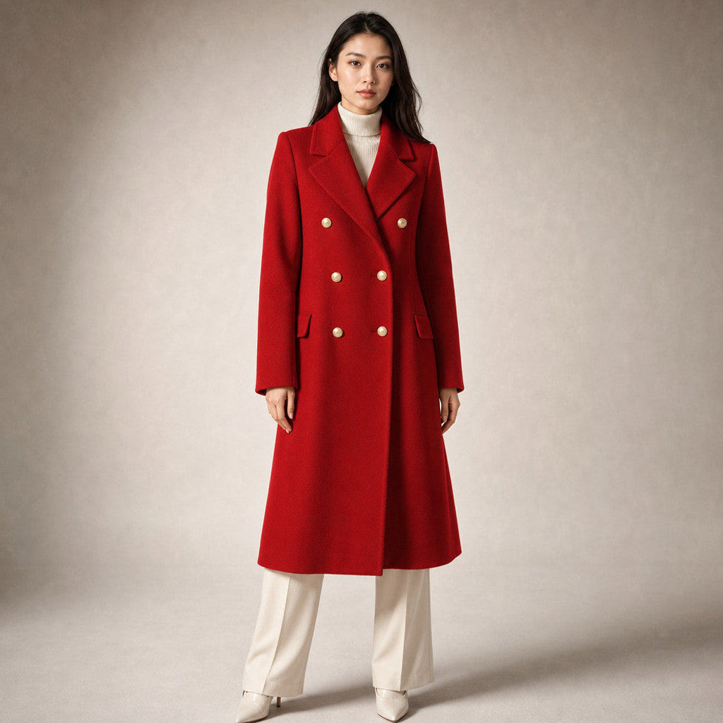 Madeleva | Double-Breasted Coat with Structured Shoulders in Red – Premium Editorial