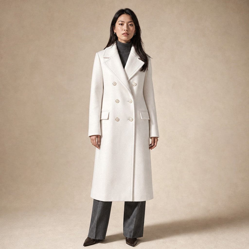 Madeleva | Double-Breasted Coat with Structured Shoulders in White – Premium Editorial