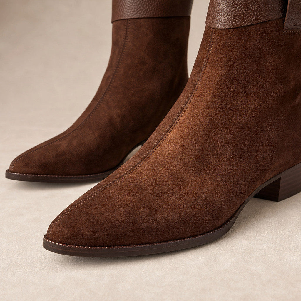 Margolotte | Suede Chelsea Boots Pointed Toe Brown – Fabric and Detail Close-Up