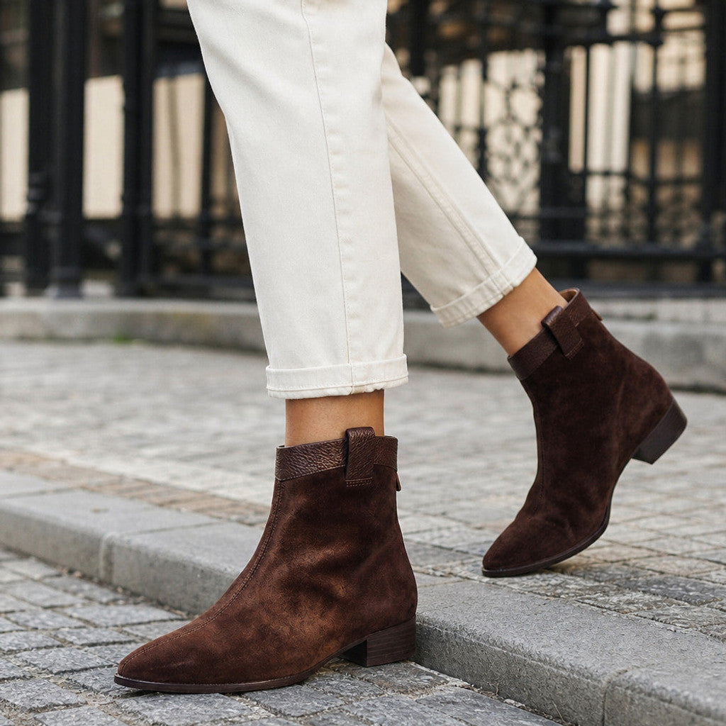 Margolotte | Suede Chelsea Boots Pointed Toe Brown – Styled Editorial Shot