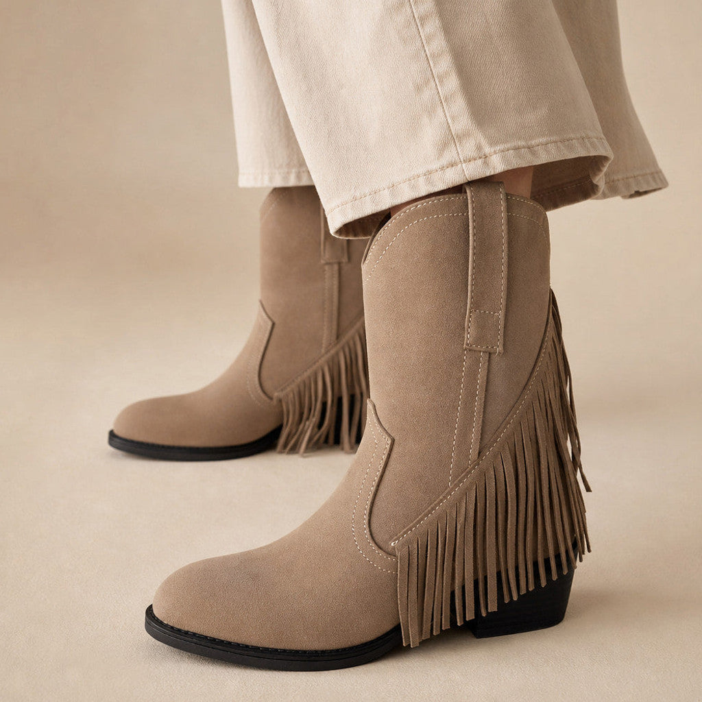Medora | Fringe Knee High Boots Wide Calf Beige – Product Photo