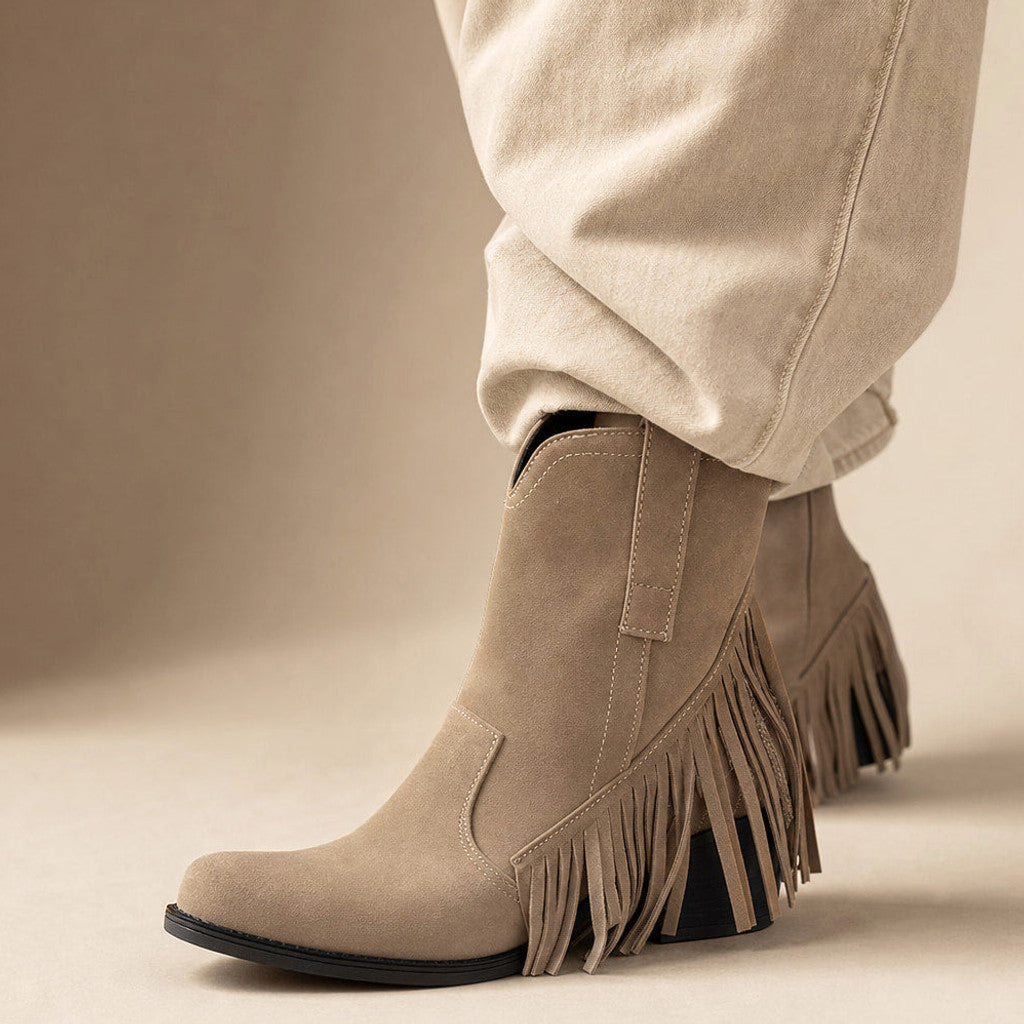 Medora | Fringe Knee High Boots Wide Calf in Beige – Premium Editorial