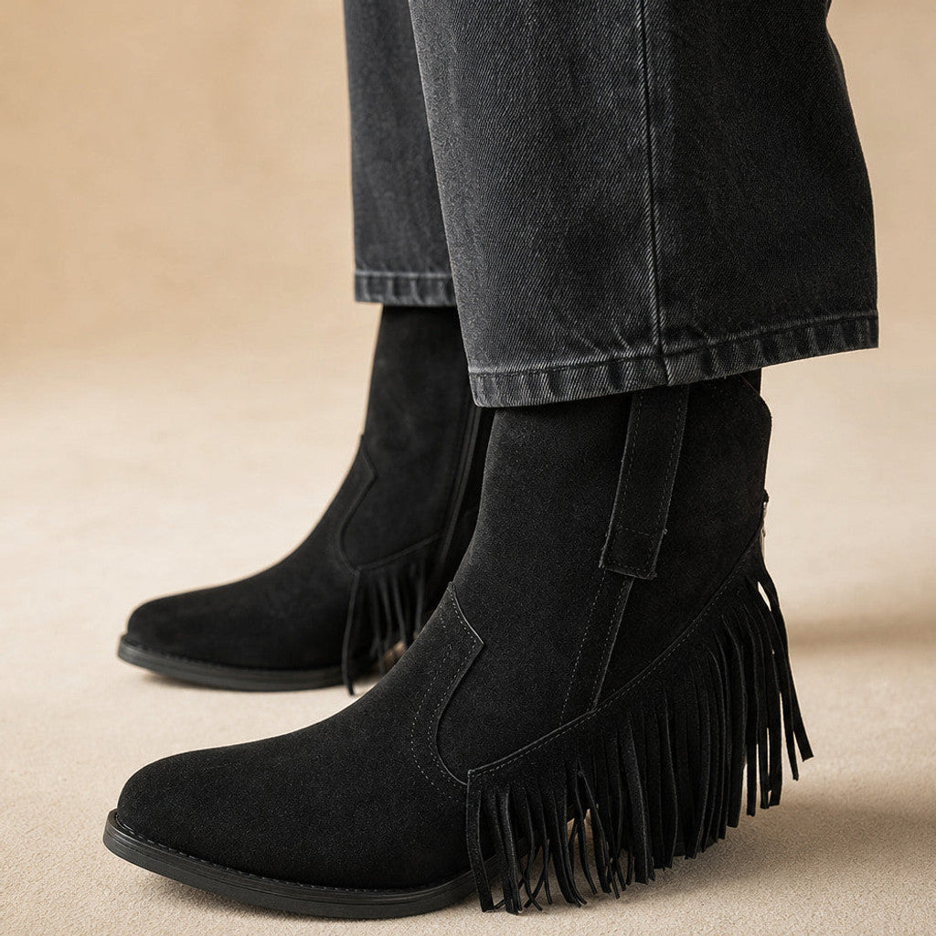 Medora | Fringe Knee High Boots Wide Calf Black – Product Photo