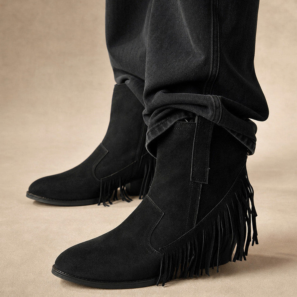 Medora | Fringe Knee High Boots Wide Calf in Black – Premium Editorial
