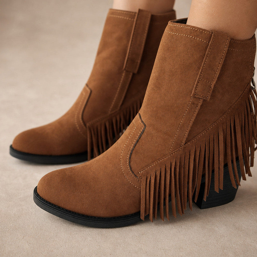 Medora | Fringe Knee High Boots Wide Calf Brown – Fabric and Detail Close-Up