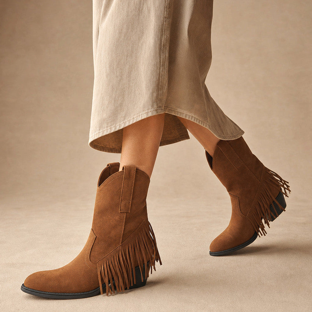 Medora | Fringe Knee High Boots Wide Calf Brown – Product Photo