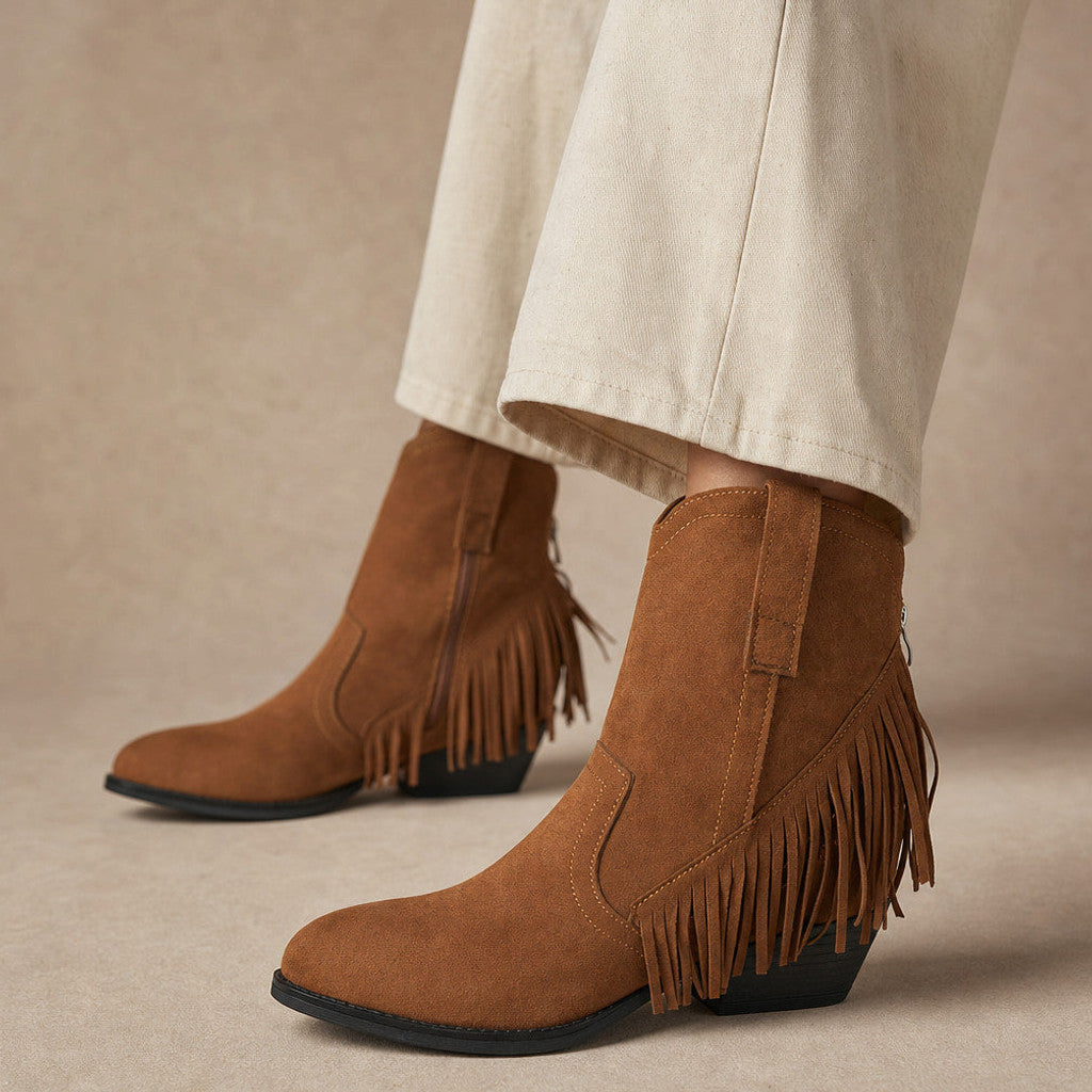 Medora | Fringe Knee High Boots Wide Calf in Brown – Premium Editorial