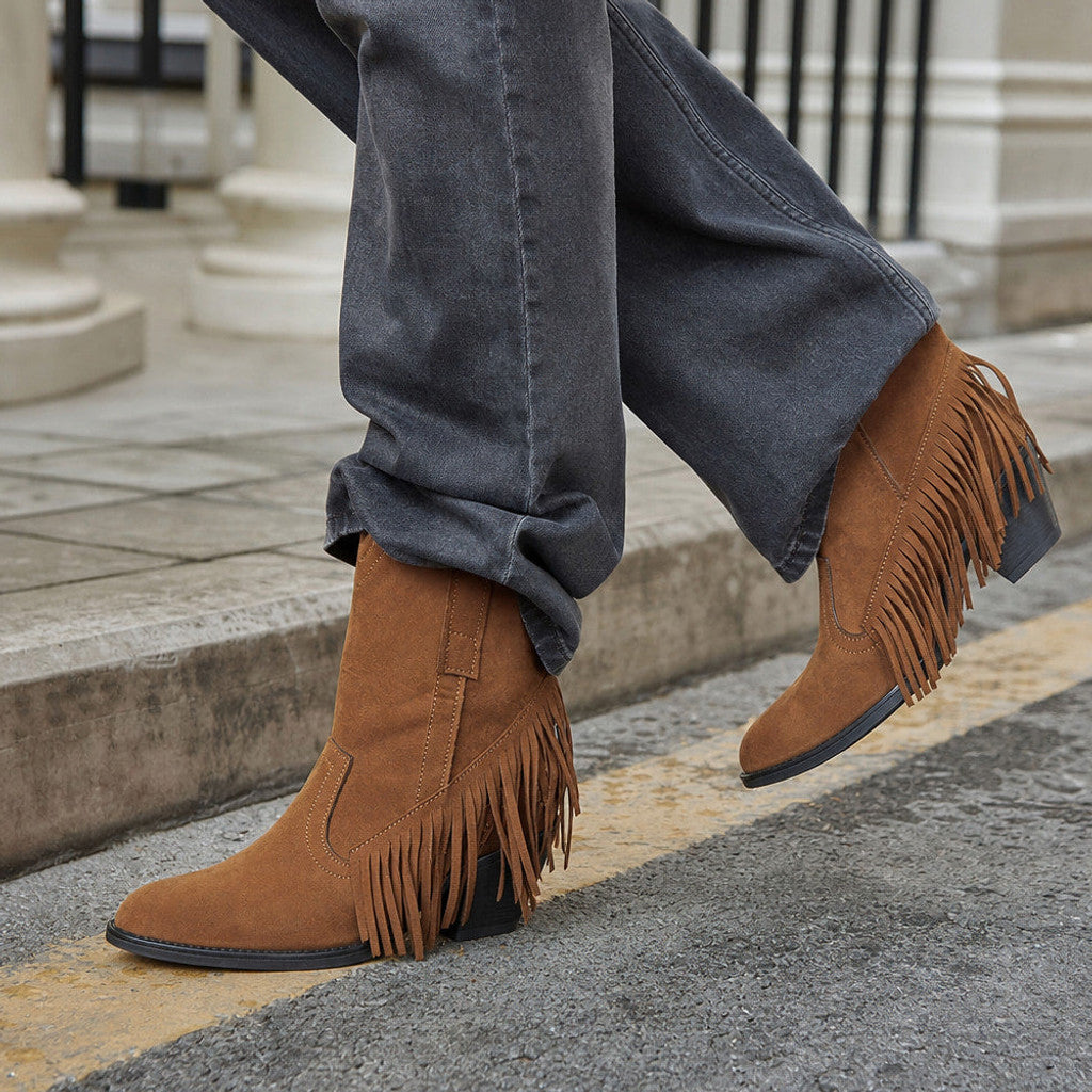 Medora | Fringe Knee High Boots Wide Calf Brown – Styled Editorial Shot